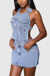 Aerilyn Sırtı Açık Boyundan Bağlamalı Denim Mini Elbise